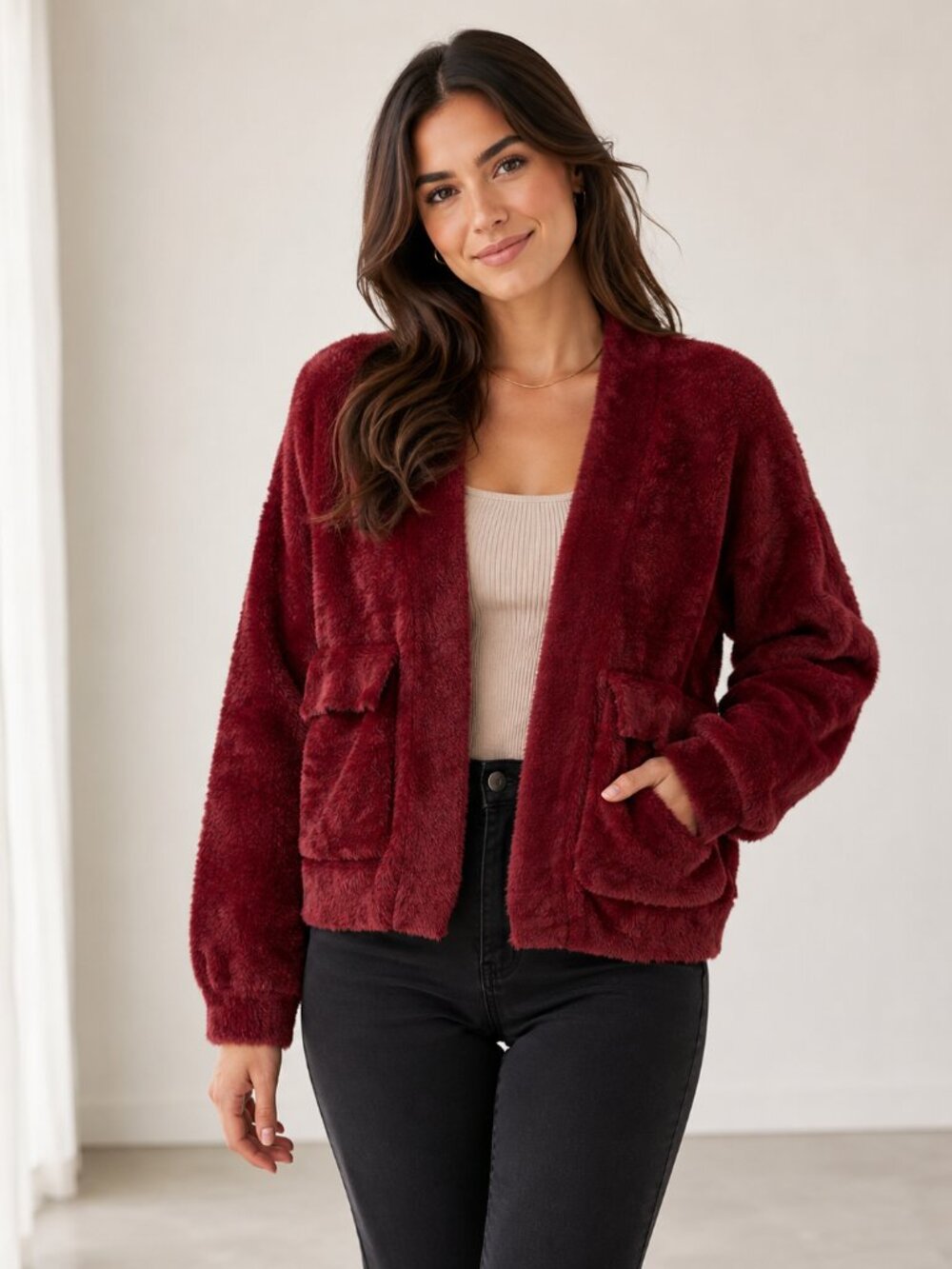 KUT From The Kloth Jana Fuzzy Open Front Cardigan Burgundy XS Pocket Sweater